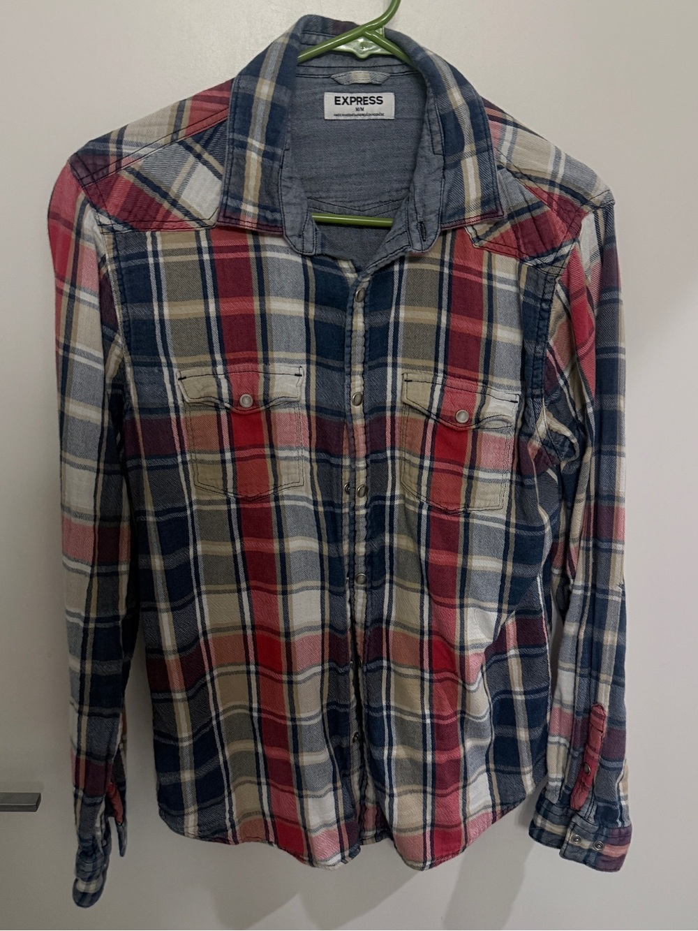 Express Men’s Red, Navy & Cream Plaid Button-Down Shirt